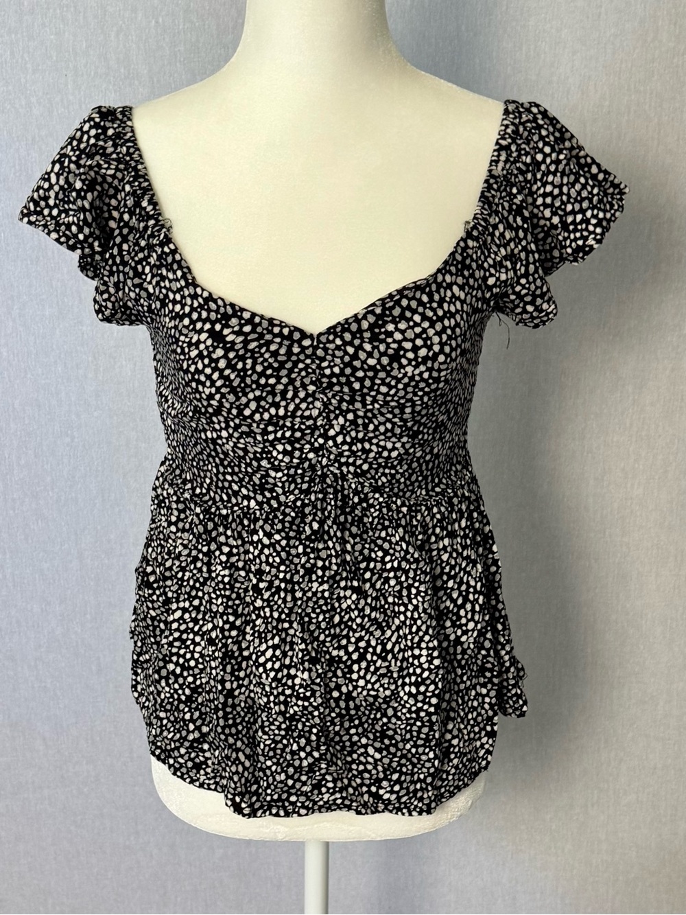 Japna Black & White Dot Smocked-Waist Ruffle Sleeve Blouse